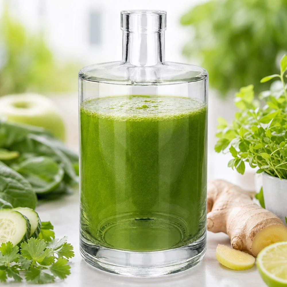 Szklana butelka Marie 700 ml bez zamknięcia UNiTWIST® 700 ml szklana butelka Marie wypełniona zielonym smoothie obok ogórka, imbiru i ziół na jasnym tle