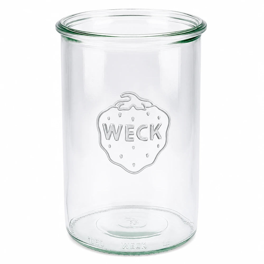 Słoik z szeroką szyjką WECK RR100, 1000 ml Słoik WECK 1000ml RR100 z przezroczystego szkła z wytłoczonym logo do konserwowania i przechowywania.