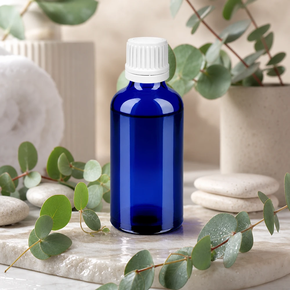 Mała butelka z zakraplaczem o pojemności 50 ml w eleganckim kolorze kobaltowego błękitu z precyzyjnym zakraplaczem BlueLine UT18/50 0,7 mm