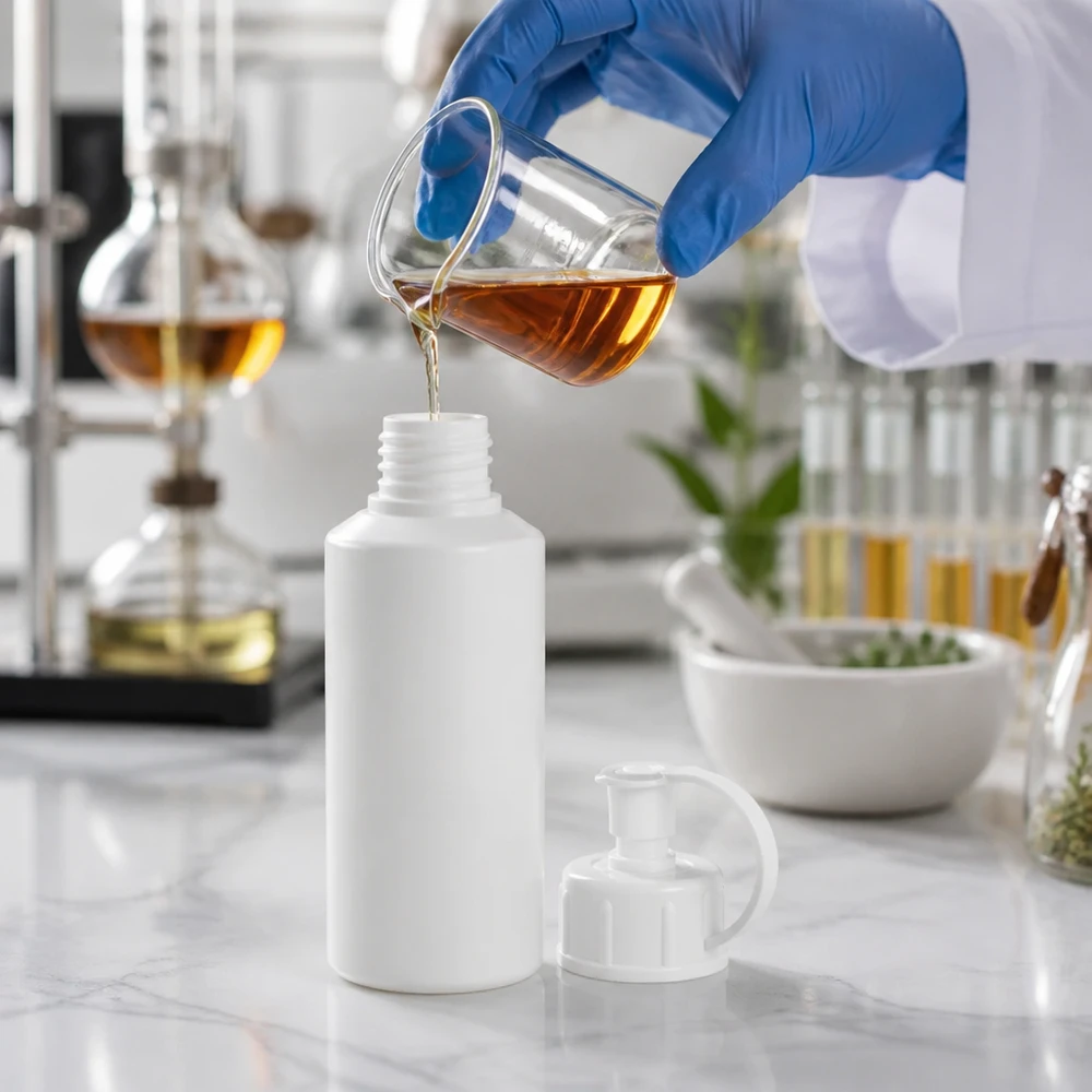 Laborant napełnia białą butelkę z HDPE o pojemności 30 ml z nakrętką z dozownikiem brązowym płynem