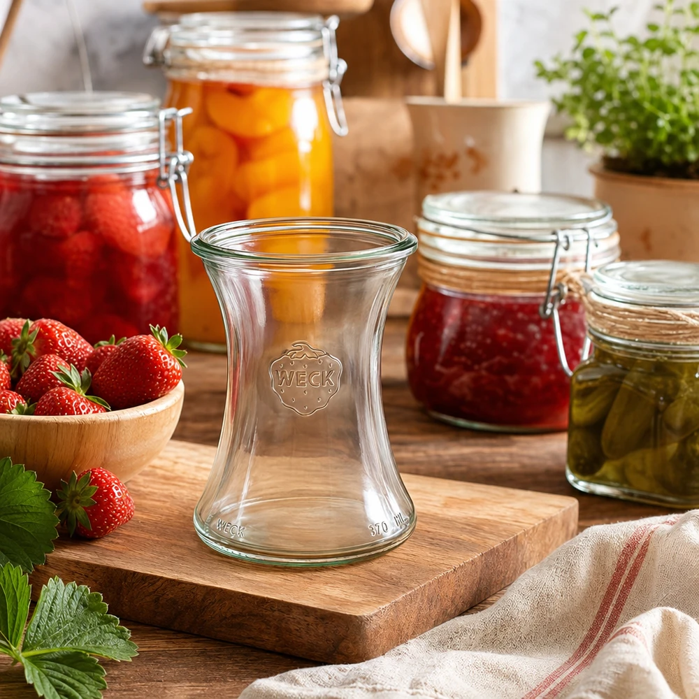 Słoik delikatesowy WECK RR80 o pojemności 370 ml WECK RR80 słoik delikatesowy 370ml w zestawie kuchennym ze słoikami na przetwory, truskawkami i drewnianą deską jako dekoracją