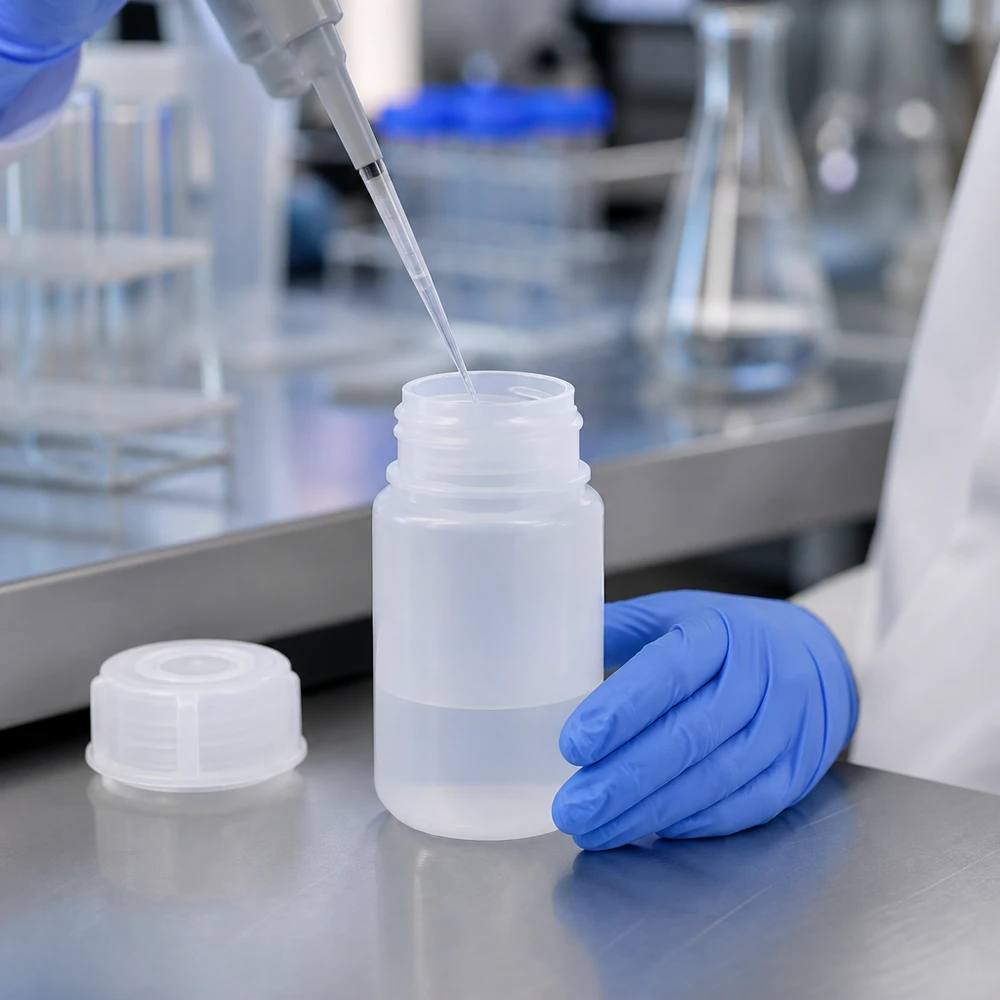 Butelka laboratoryjna o pojemności 50 ml z szeroką szyjką i zakrętką, przeznaczona do precyzyjnego napełniania pipet w laboratorium