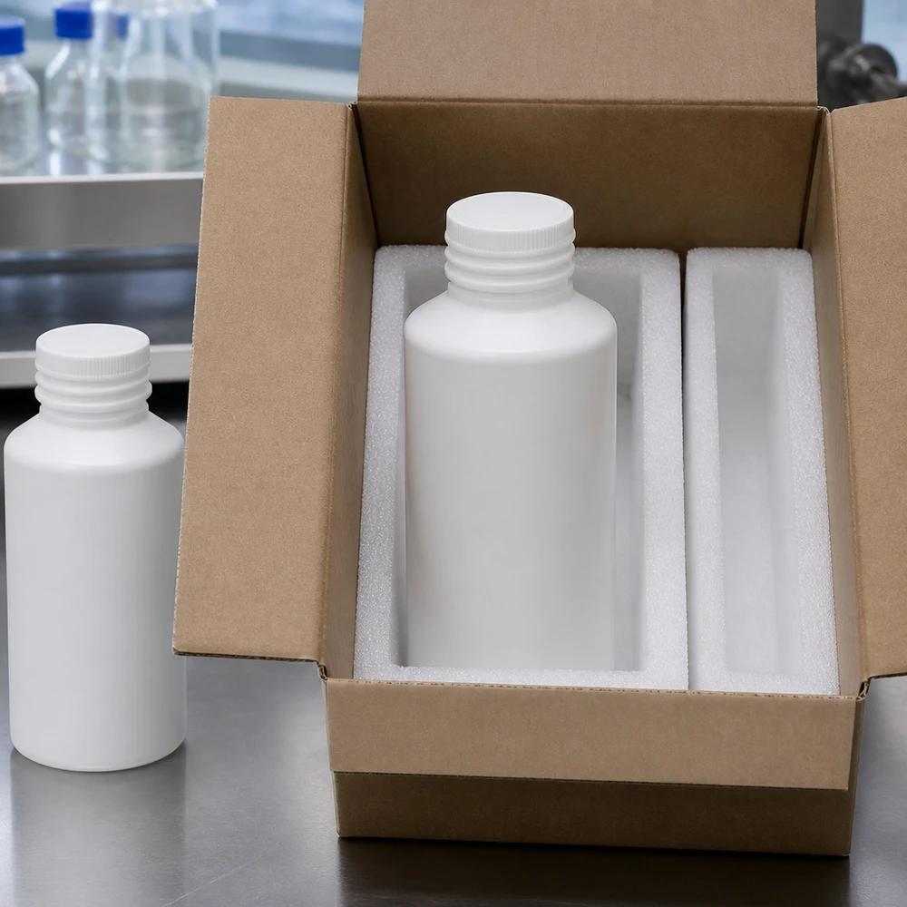 Butelka apteczna HDPE 50ml biała, bez zakrętki Butelka apteczna z HDPE o pojemności 50 ml, biała, bez nakrętki, w kartonie wysyłkowym z wyściółką z pianki
