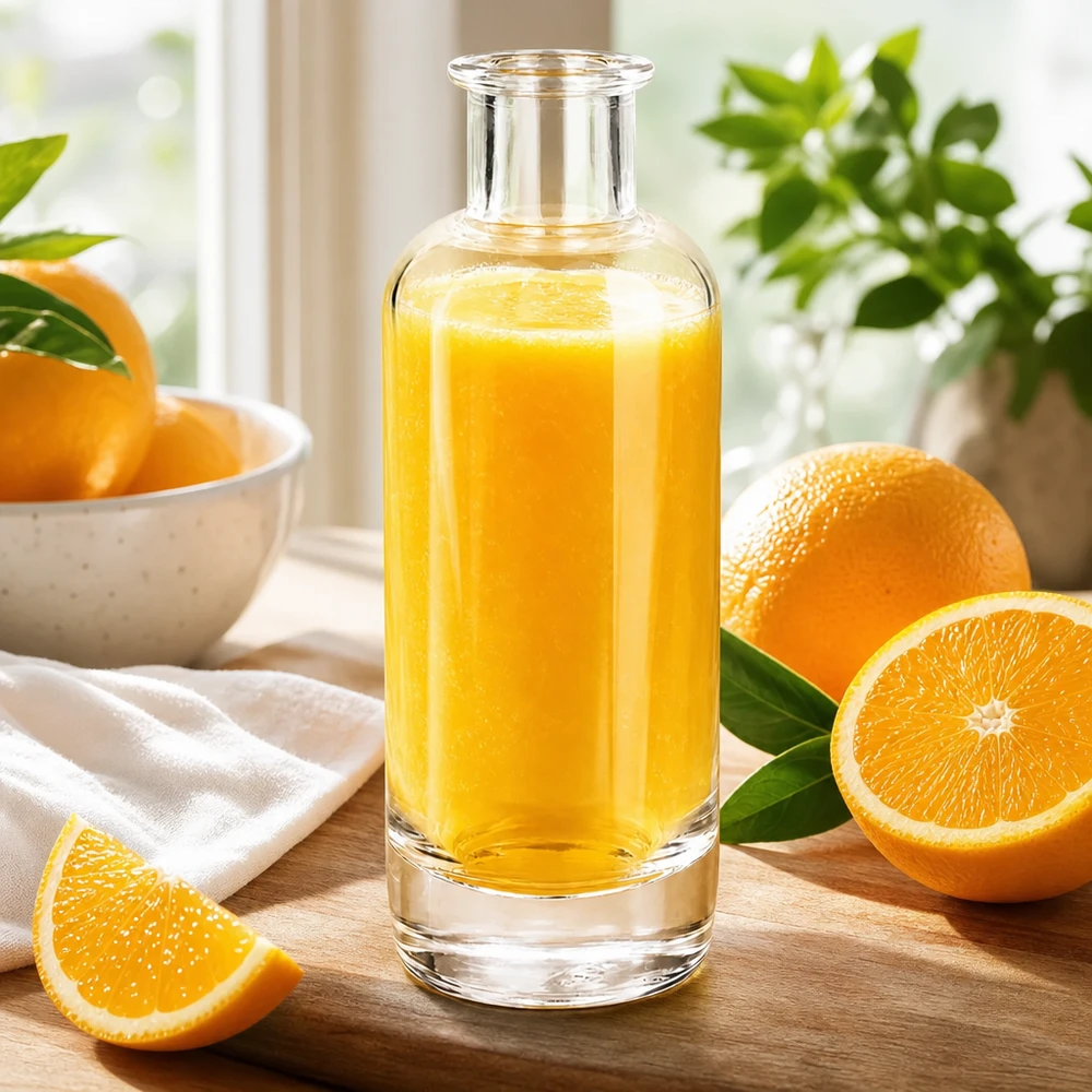 Szklana butelka Ella o pojemności 200 ml wypełniona sokiem pomarańczowym w otoczeniu świeżych pomarańczy przedstawia naturalne napoje owocowe.