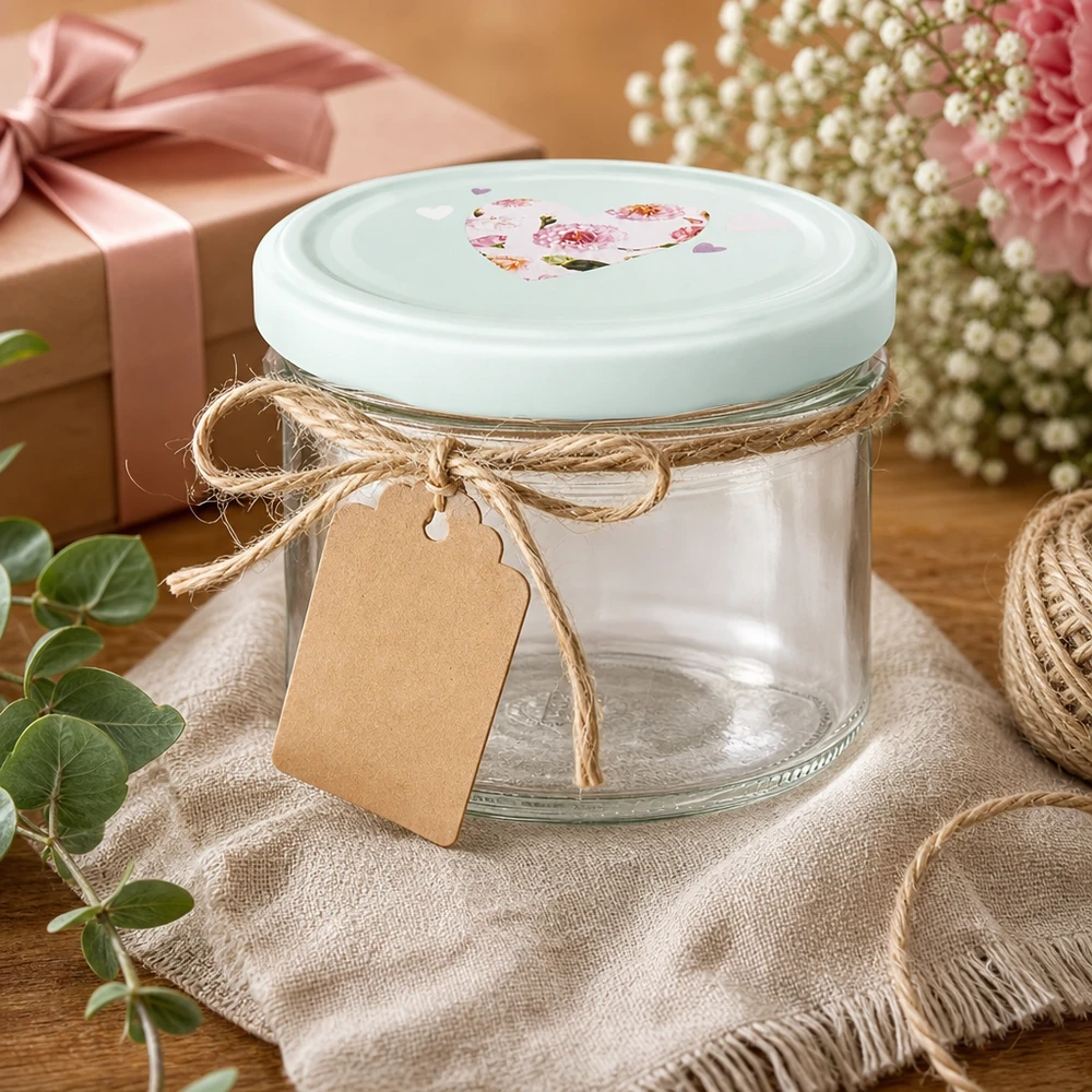 Słoik 225 ml + pokrywka BasicSeal w kształcie serca, miętowa UN.. Miętowe kubki BasicSeal z pokrywką w kształcie serca o pojemności 225 ml jako pomysł na prezent ozdobiony sznurkiem jutowym i zawieszką