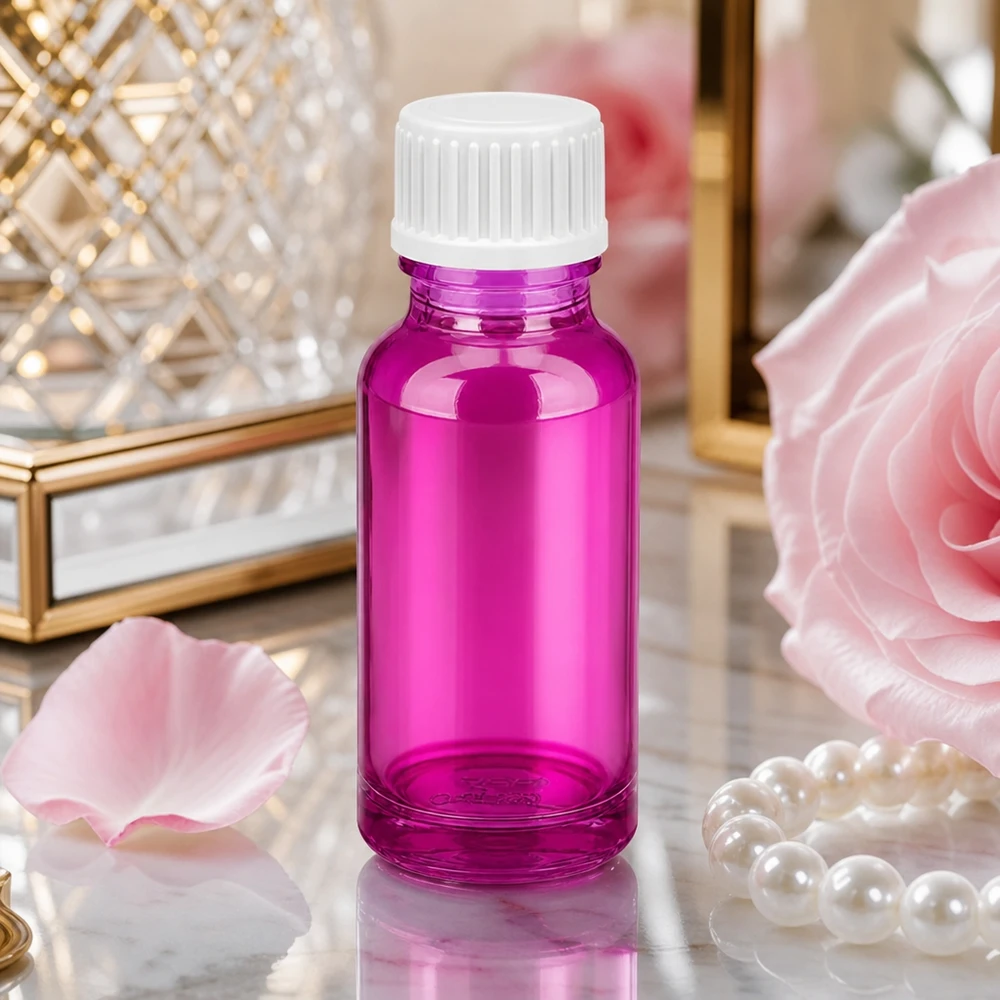 Elegancka butelka z zakraplaczem o pojemności 20 ml w kolorze jasnofioletowym z białą zakrętką do aromaterapii