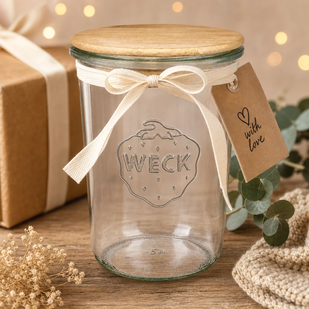 Kubki WECK 850ml RR100 drewniana pokrywka pudełko z kokardką świąteczna dekoracja Boże Narodzenie