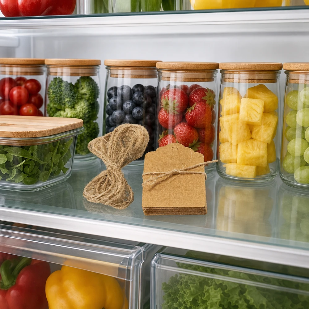Wisiorki 30 x 50 mm z sznurkiem (opakowanie zawierające 10 sztuk) Braune Geschenkanhänger mit Kordel im Kühlschrank neben Vorratsgläsern mit Obst für praktische Lebensmittel-Organisation