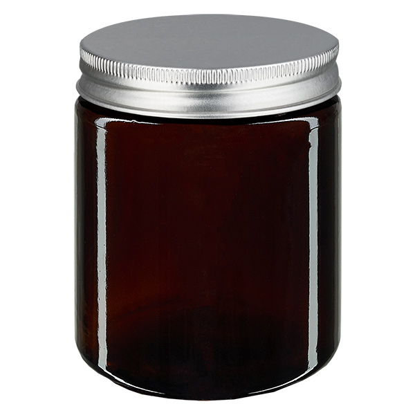 Br&#261;zowy szklany s&#322;oik 180 ml ze srebrn&#261; metalow&#261; pokrywk&#261; ApoGlas. Farmaceutyczna jako&#347;&#263; produkcji UE. Bezpieczny dla &#380;ywno&#347;ci. Z ochron&#261; UV.