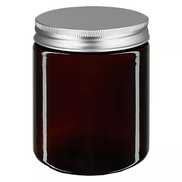 Brązowy szklany słoik 180 ml ze srebrną metalową pokrywką ApoGlas. Farmaceutyczna jakość produkcji UE. Bezpieczny dla żywności. Z ochroną UV. Brązowy szklany słoik 180 ml ze srebrną metalową pokrywką ApoGlas. Farmaceutyczna jakość produkcji UE. Bezpieczny dla żywności. Z ochroną UV.