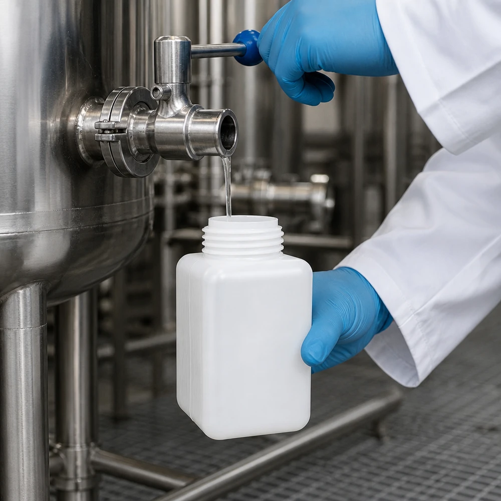 Technik pobiera próbkę cieczy ze zbiornika ze stali nierdzewnej do butelki na chemikalia z PE-HD o pojemności 1000 ml z szeroką szyjką