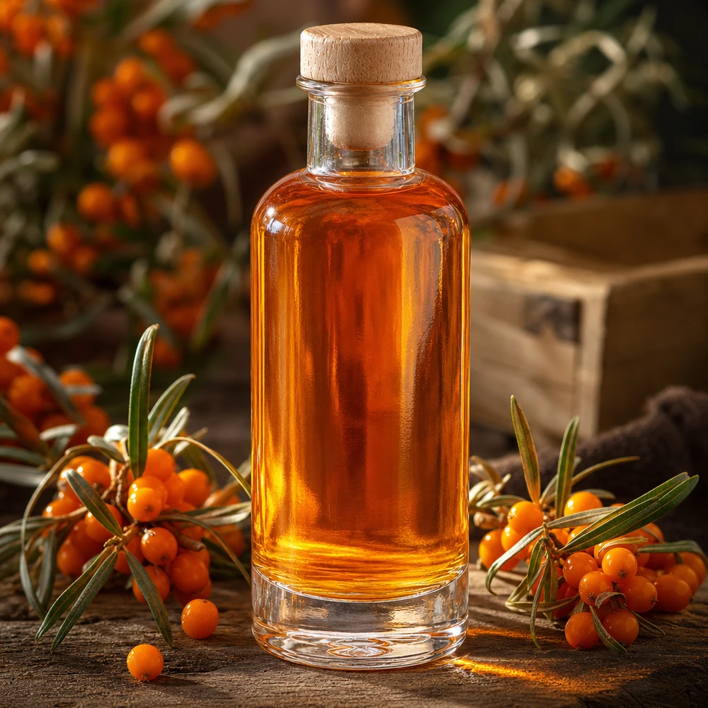 Szklana butelka 200 ml Ella z drewnianym korkiem z uchwytem UNiTWIST® Szklana butelka Ella o pojemności 200 ml z drewnianym korkiem wypełniona olejem z rokitnika o pomarańczowej barwie, umieszczonym między świeżymi gałązkami rokitnika.