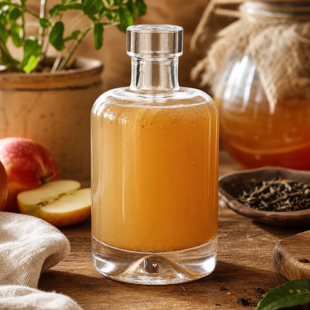 50 ml szklana butelka Amelie wypełniona octem jabłkowym obok plasterków jabłka i przypraw pokazuje zastosowanie octu i winegret.