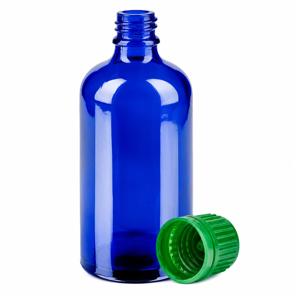 Butelka na lek 100 ml niebieska z zieloną zakrętką z otworem 11 mm do zastosowań farmaceutycznych