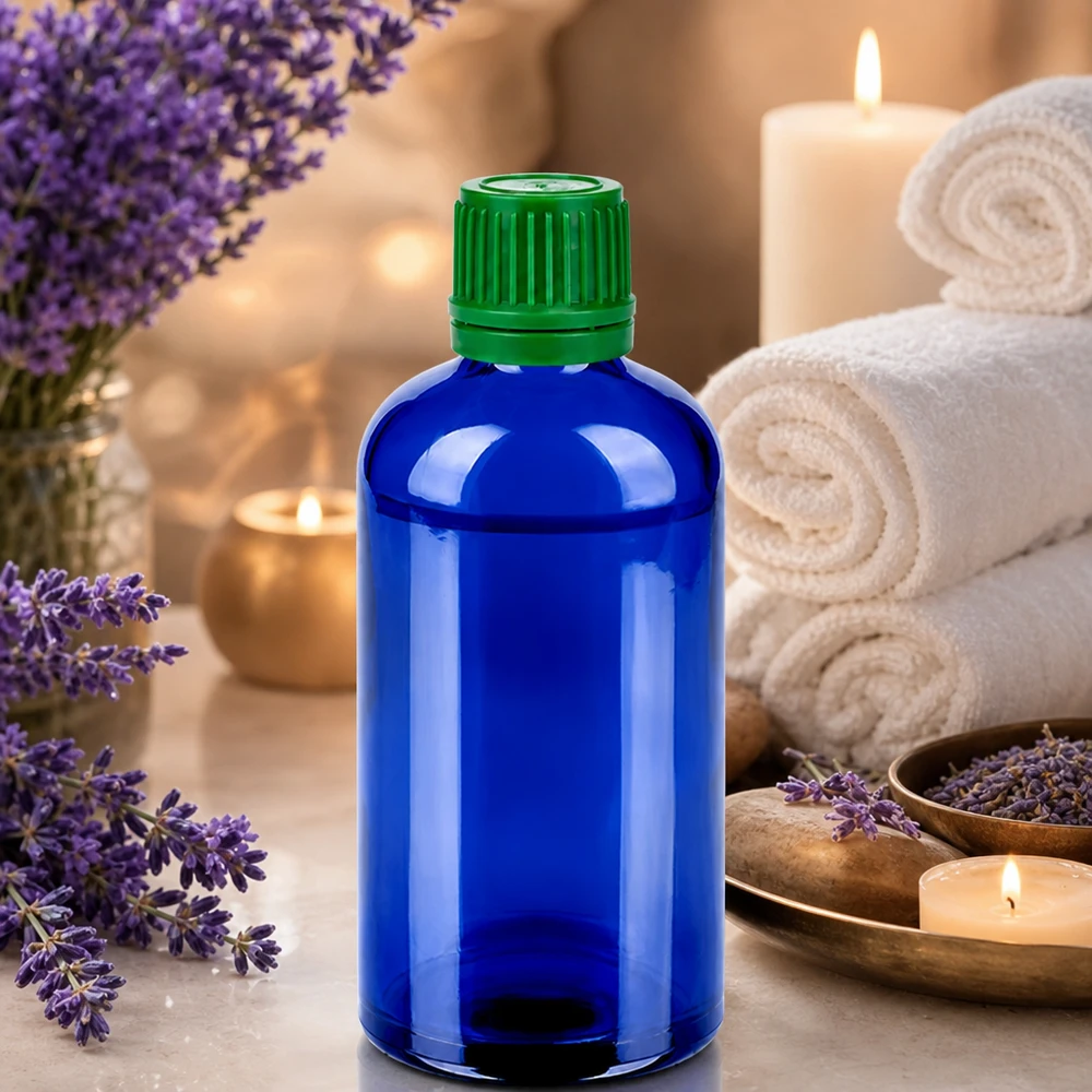 Butelka 100 ml 11 mm SV zielona OV BlueLine UT18/100 Kobaltowo-niebieska butelka aptekarska 100 ml z zielonym wieczkiem, idealna do aromaterapii i odnowy biologicznej