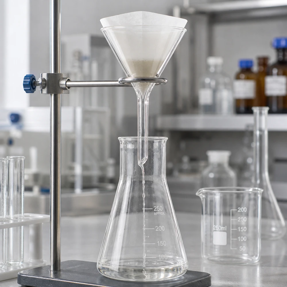 Przezroczysty szklany lejek o średnicy 45 mm i kącie 60 stopni do zastosowań w laboratoriach chemicznych