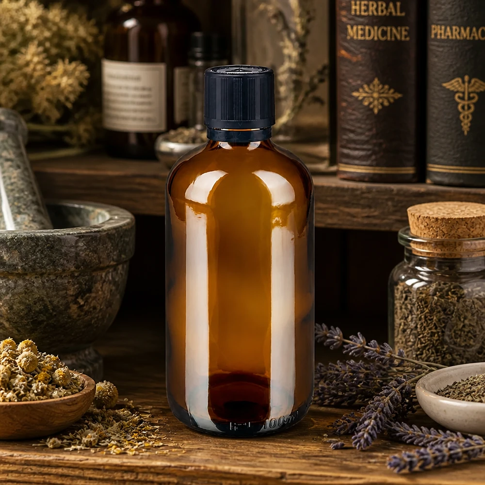 Apotfl. brown 100ml kroplówka v. Pr 1mm s. KiSi Bliw OV Butelka z brązowego szkła o pojemności 100 ml w kolorze bursztynowym z czarnym zakraplaczem, stojąca na rustykalnym drewnianym stole z ziołami