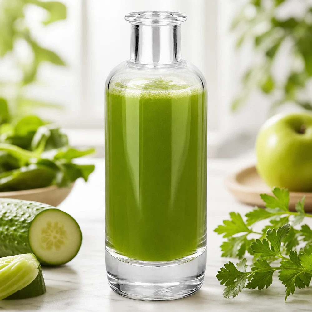 200 ml butelka apteczna Ella wypełniona zielonym smoothie pokazuje zastosowanie do napojów i kosmetyków