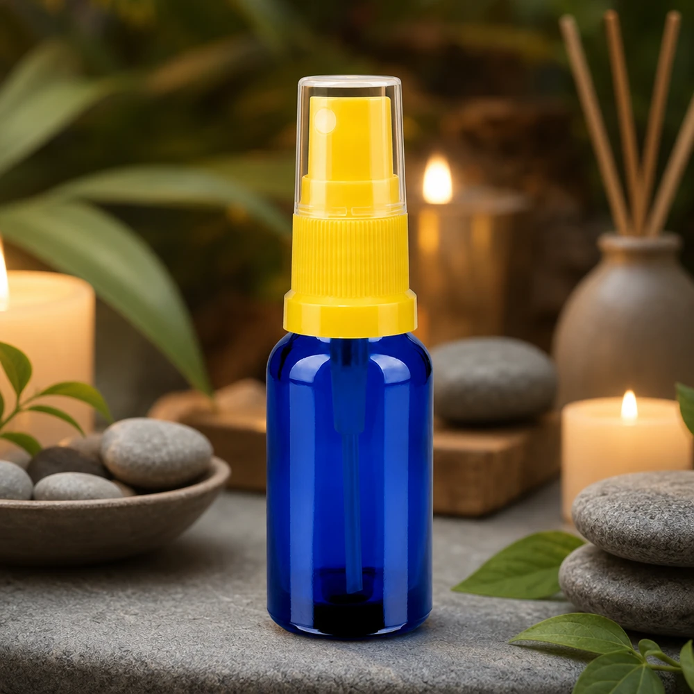 20 ml butelka ze spryskiwaczem żółta/przezroczysta STD BlueLine UT18/20 Wysokiej jakości butelka z rozpylaczem 20 ml z przezroczystą głowicą rozpylającą BlueLine UT18/20 do aromaterapii
