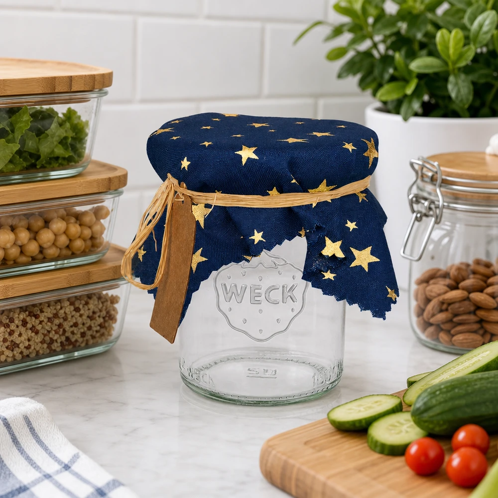 Tkanina serwetka gwiazdki niebieski kwadrat 150x150mm Tkaninowa serwetka z dekoracją w gwiazdki na słoiku do przechowywania obok przyborów kuchennych i warzyw - niebieska serwetka 15 cm