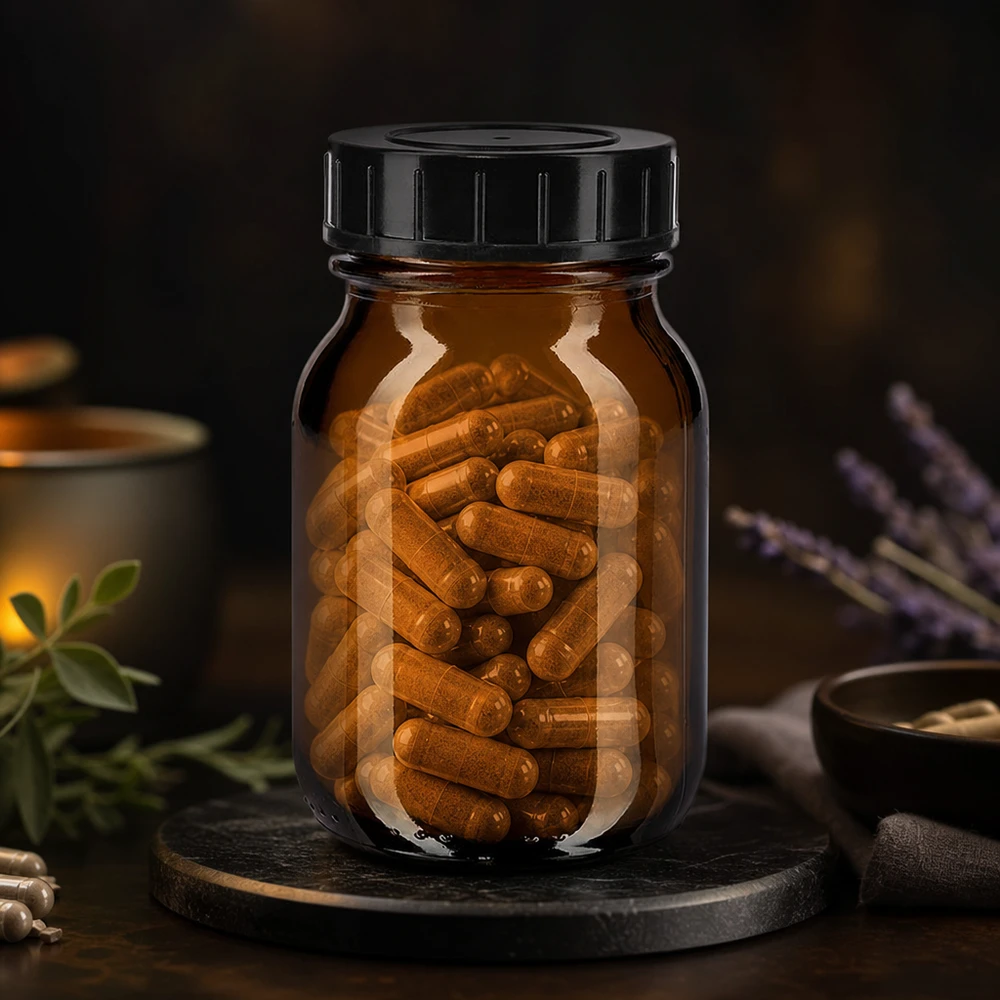 Butelka farmaceutyczna 75 ml wykonana z bursztynowego szkła chroniącego przed promieniowaniem UV z hermetyczną czarną zakrętką