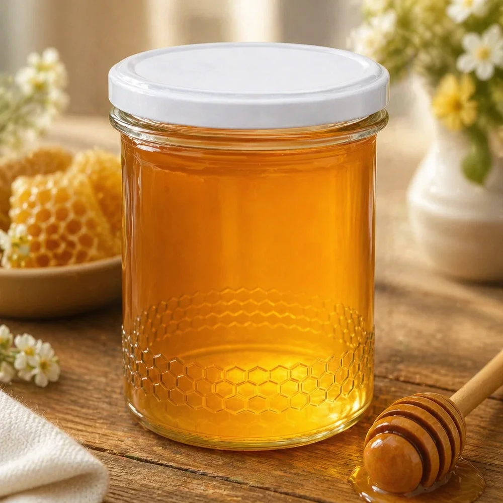 400 ml słoik miodu wypełniony złotym miodem obok łyżki miodu i plastra miodu naturalna scena kuchenna wzór plastra miodu