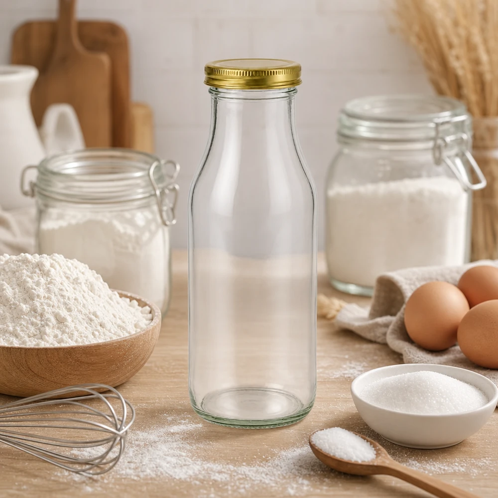 Butelka UNiTWIST263 w kolorze złotym. Pokrywka TO43 BioSeal UNiTWIST Bottle263 mit goldenem TO43 BioSeal Deckel als stylische Backzutat-Aufbewahrung zwischen Mehl und Eiern