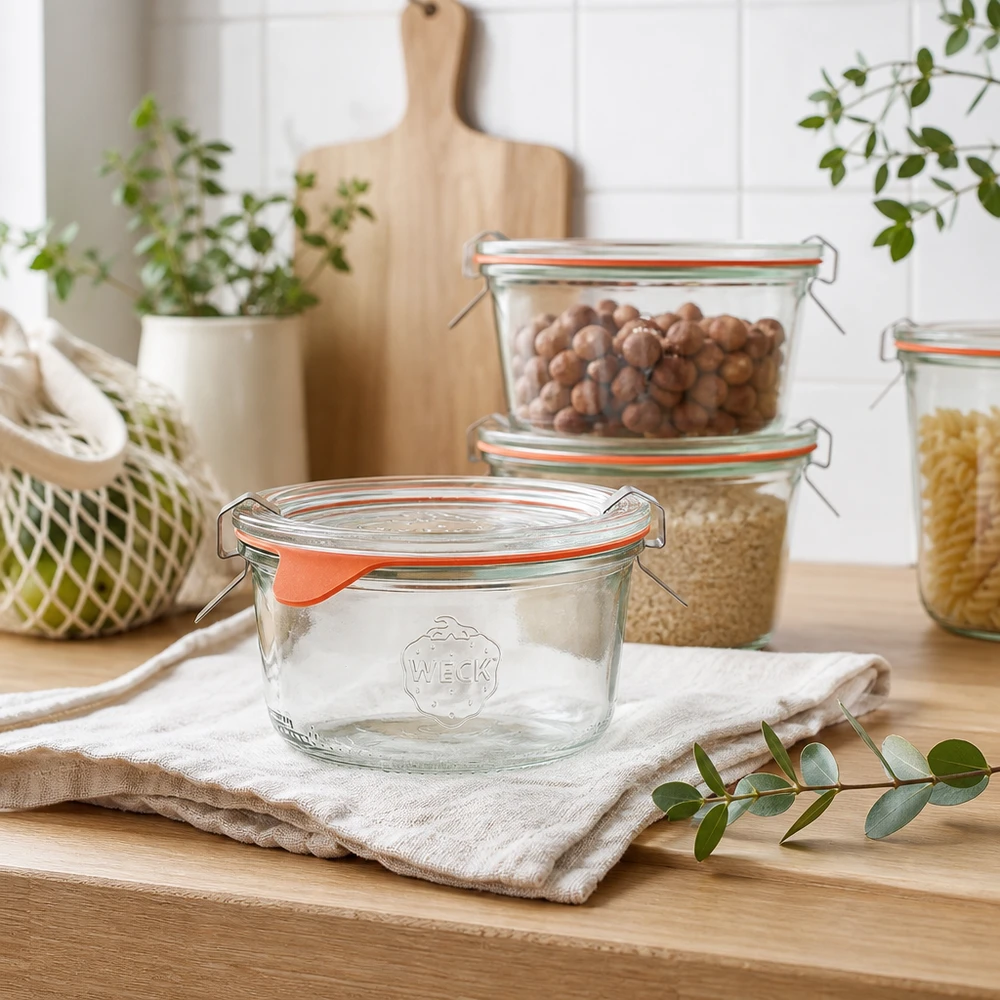 Kubki o pojemności 165 ml w komplecie WECK RR80 Kubki WECK 165 ml RR80 w nowoczesnej kuchni ze słoikami do przechowywania pełnymi orzechów i płatków zbożowych na drewnianym blacie.