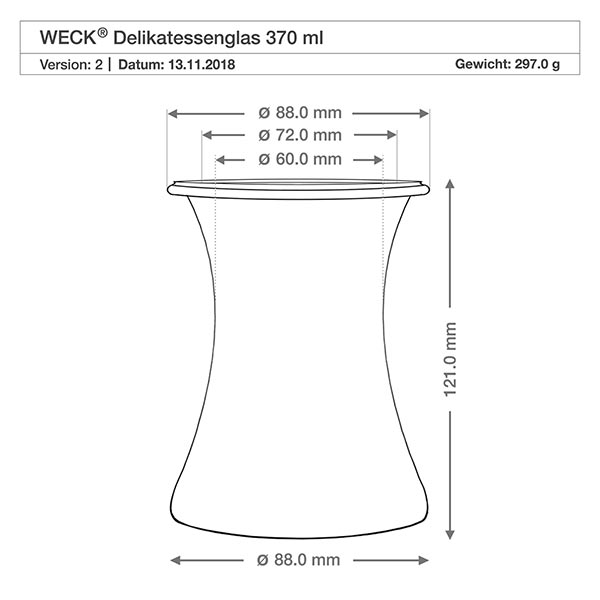 Zestaw 18 słoików Weck Słoik delikatesowy 370 ml z 18 szklanymi pokrywkami WECK Delikatessengl 370ml RR80 Rysunek techniczny Wymiary Średnica Wysokość Specyfikacja produktu