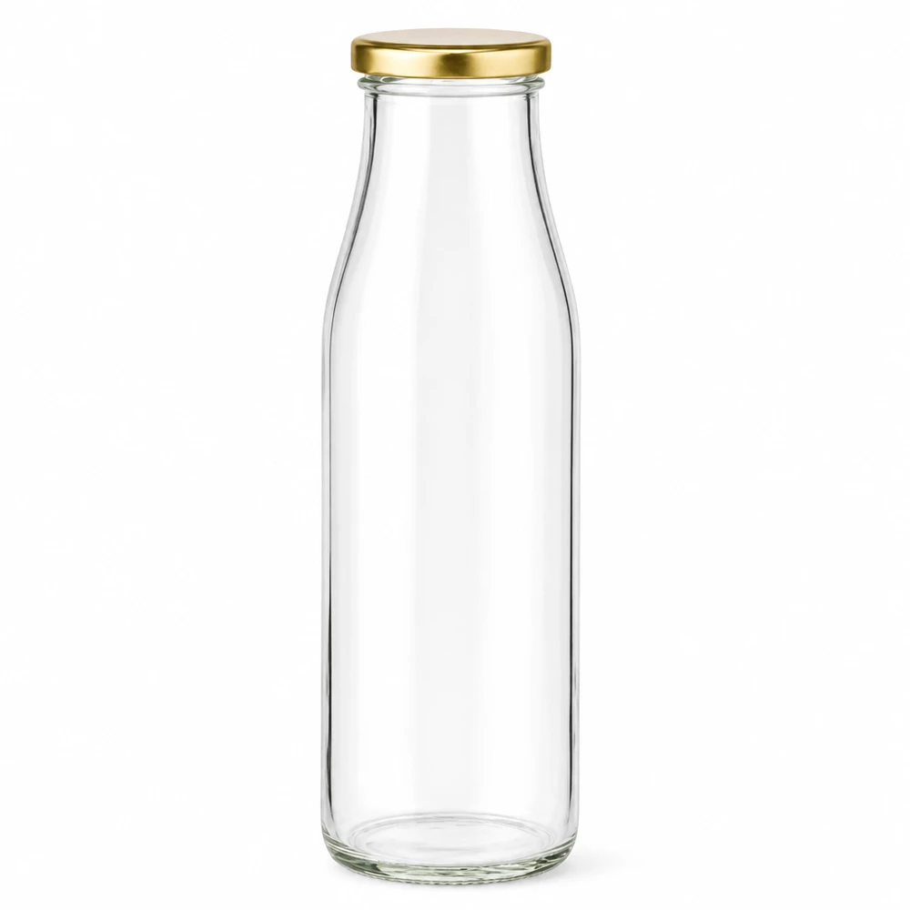Szklana butelka 500 ml + pokrywka BasicSeal w kolorze złotym UNiTWIST. Całkowicie szczelna z dużą pokrywką TO48. Do mleka, soków i lemoniady. 500ml szklana butelka ze złotym wieczkiem BasicSeal pusta przezroczysta na napoje sok mleko z certyfikatem UN