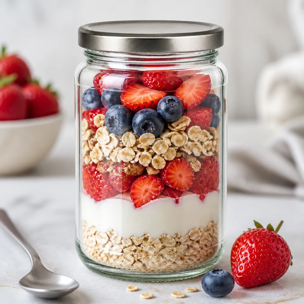 305 ml okrągły słoik z pokrywką BasicSeal srebrną UN.. 305ml Rundglas als Overnight Oats Schichtdessert mit Beeren und Granola - BasicSeal Deckel silber für Meal Prep
