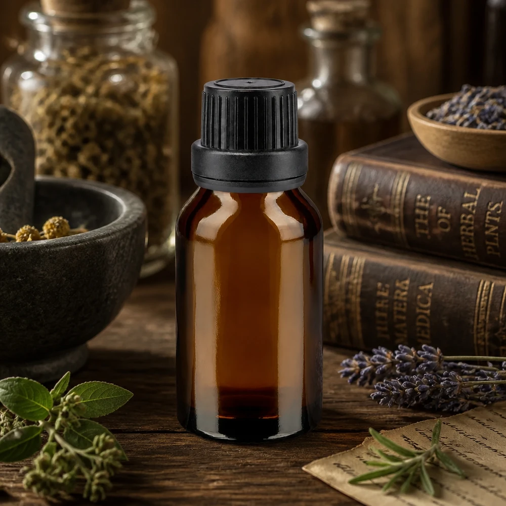 Butelka apteczna brązowa 30ml zakrętka czarna szczelna OV Brązowa szklana buteleczka o pojemności 30 ml z czarną zakrętką, umieszczona wśród ziół leczniczych i starych książek o ziołach