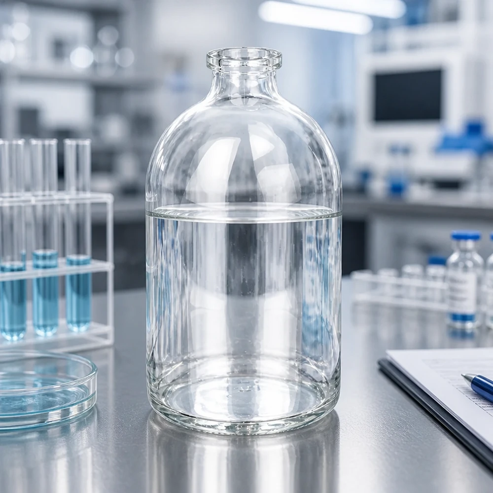 Butelka iniekcyjna z przezroczystego szkła 100 ml Injektionsflasche 100ml Klarglas mit charakteristischer Schulterform und schmalem Ausguss