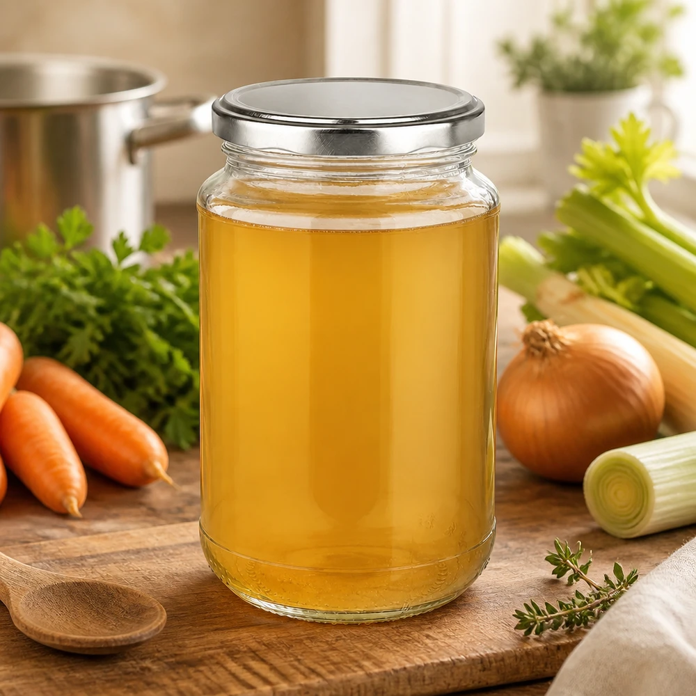 Domowy bulion warzywny w okrągłej szklanej butelce UniTwist o pojemności 320 ml z srebrną pokrywką BasicSeal