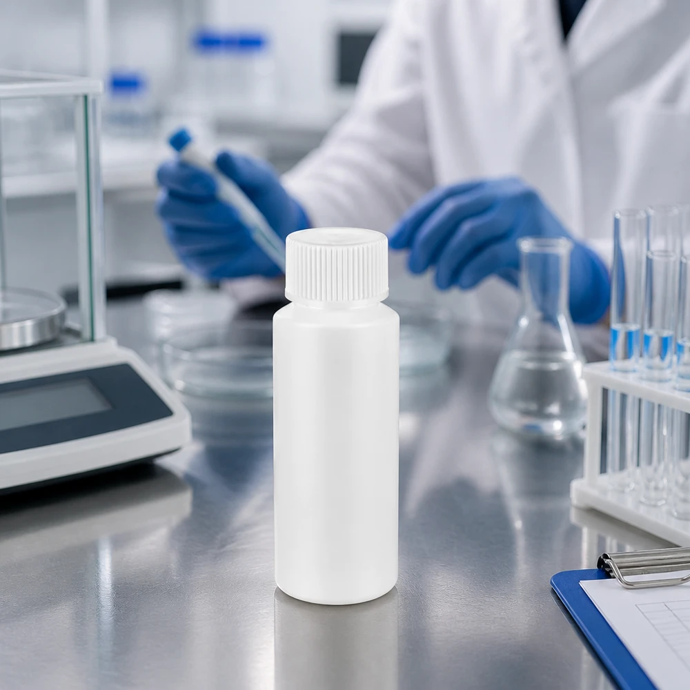Biała butelka apteczna z HDPE o pojemności 30 ml z żebrowaną zakrętką na laboratoryjnym blacie ze stali nierdzewnej