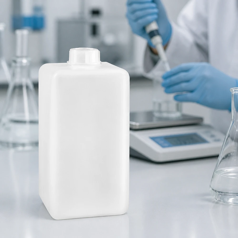 Butelka na chemikalia 1500 ml, wąska szyjka z PE-HD, kolor naturalny Butelka na chemikalia z PE-HD o pojemności 1500 ml, z wąską szyjką, w kolorze naturalnym, z zakrętką, na białym blacie laboratoryjnym