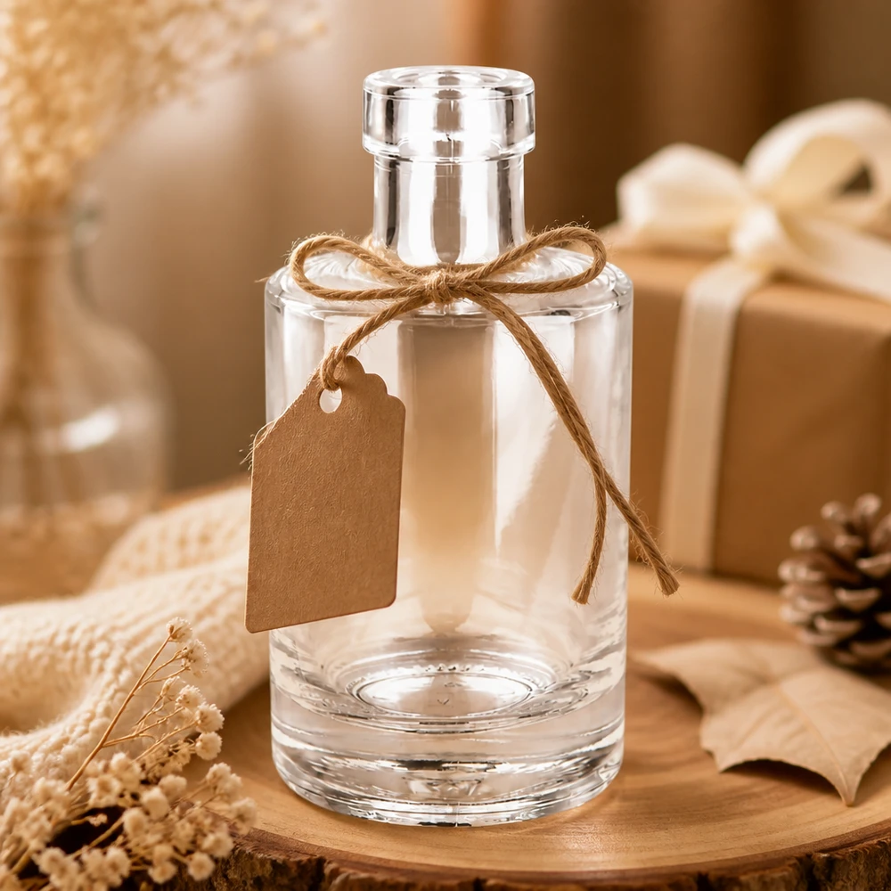 Szklana butelka 200 ml Marie bez zamknięcia UNiTWIST® Glasflasche Marie 200ml leer dekorativ mit Geschenkanhänger rustikale Herbstdeko mit Tannenzapfen und warmer Atmosphäre