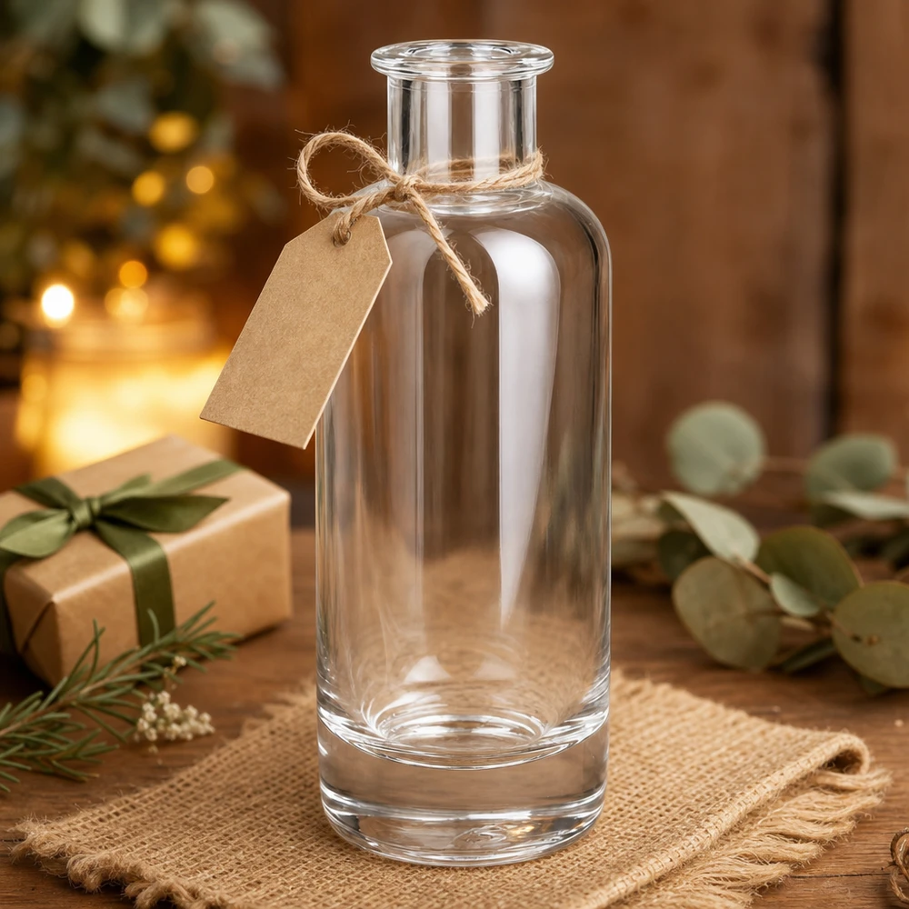 Szklana butelka Ella 200 ml bez zamknięcia UNiTWIST® 200 ml szklana butelka Ella pusta z przywieszką prezentową i jutową wstążką jako prezent świąteczny ozdobiony na drewnie