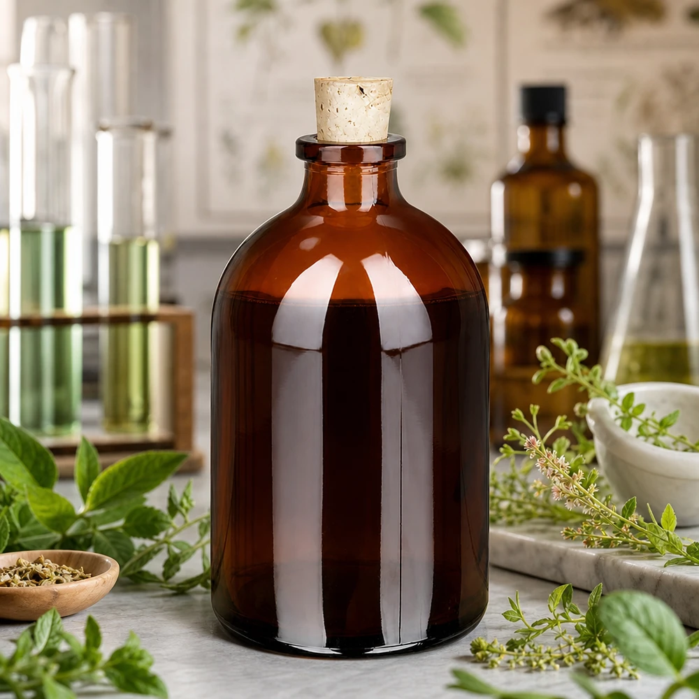 Butelka z bursztynowego szkła 100 ml z korkiem 11/14 mm Rundbodenflasche 100ml Braunglas mit Korkdurchmesser 11/14mm neben Mörser und Kräuterextrakten