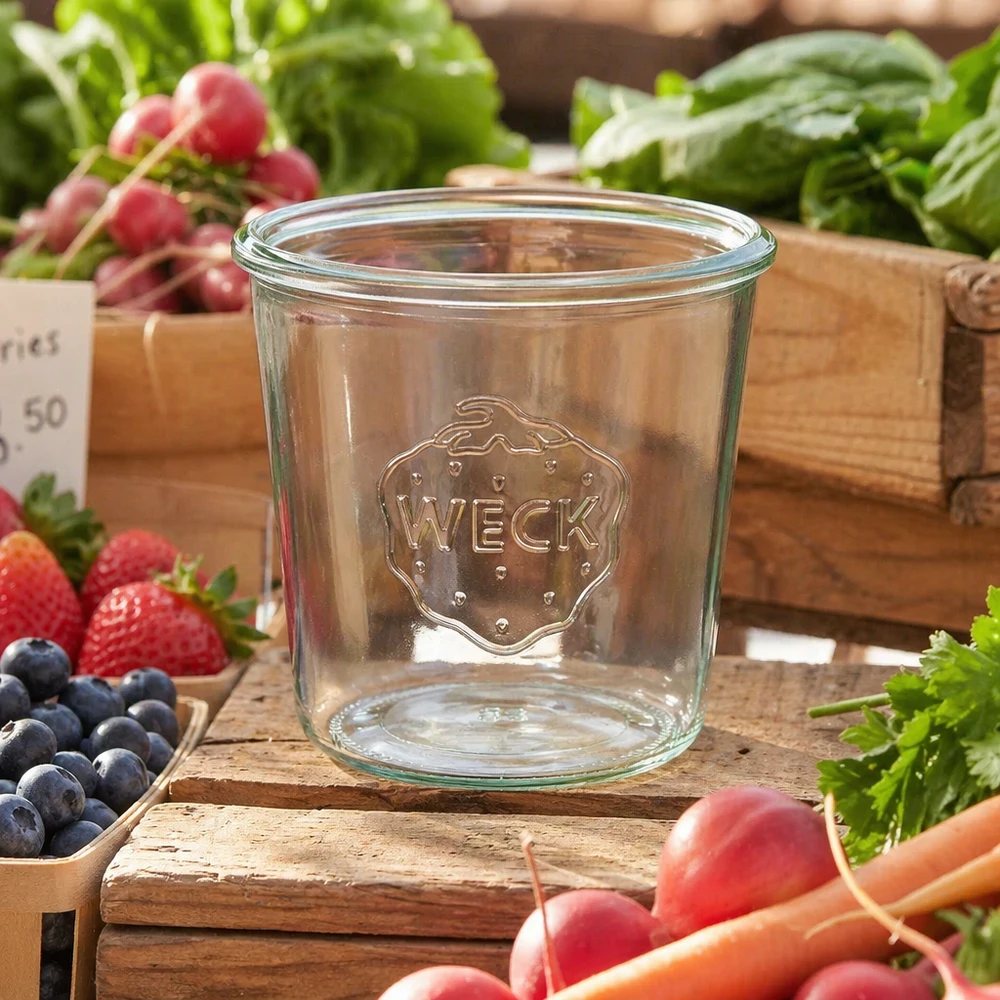 Kubki o pojemności 580 ml WECK RR100 Słoik na przetwory WECK RR100 o pojemności 580 ml na drewnianej desce ze świeżymi owocami i warzywami z targu