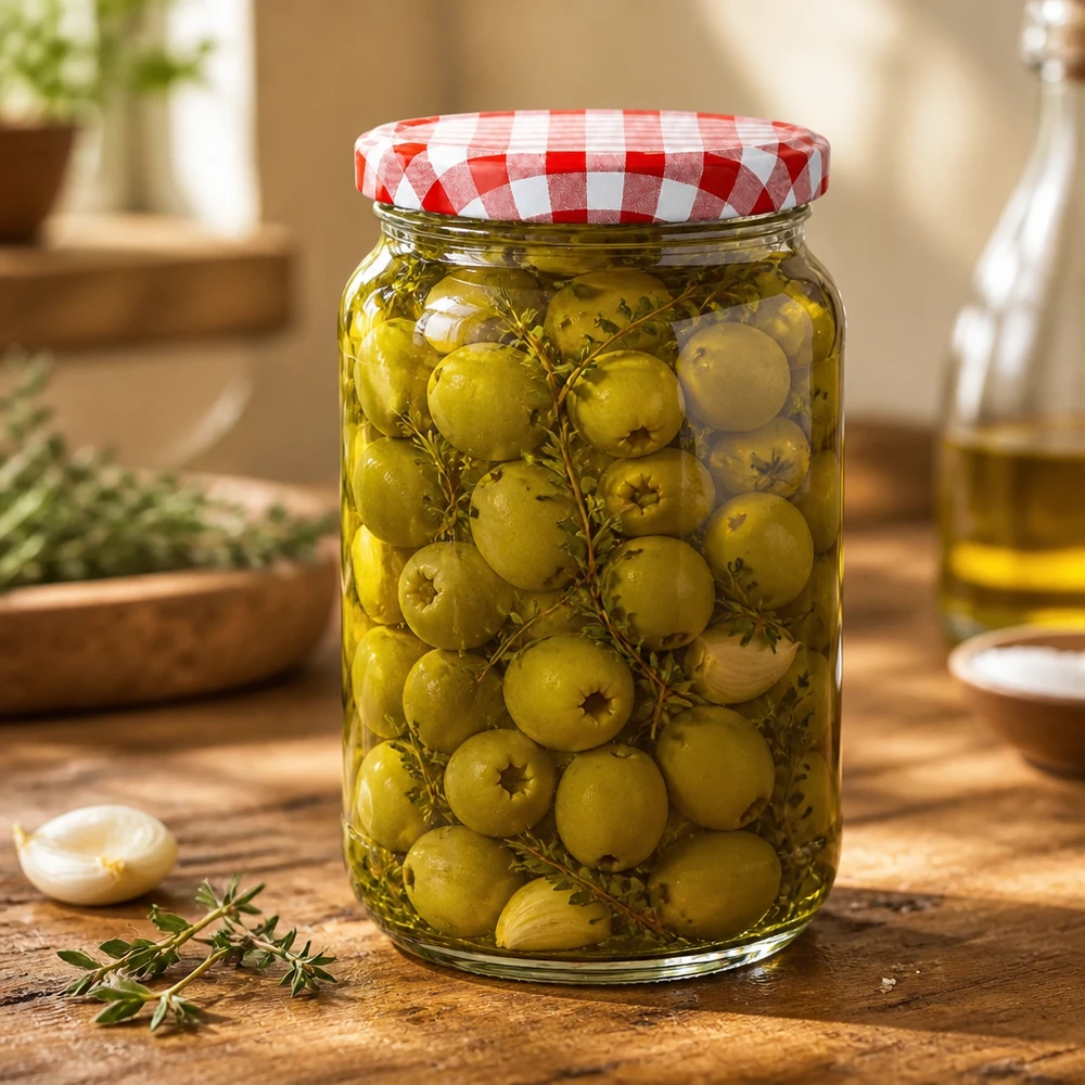Słoik okrągły 1062 ml + pokrywka BasicSeal czerwono-biała UN.. 1062ml Rundglas BasicSeal Deckel mit eingelegten grünen Oliven und Kräutern auf Holztisch Einmachglas Antipasti