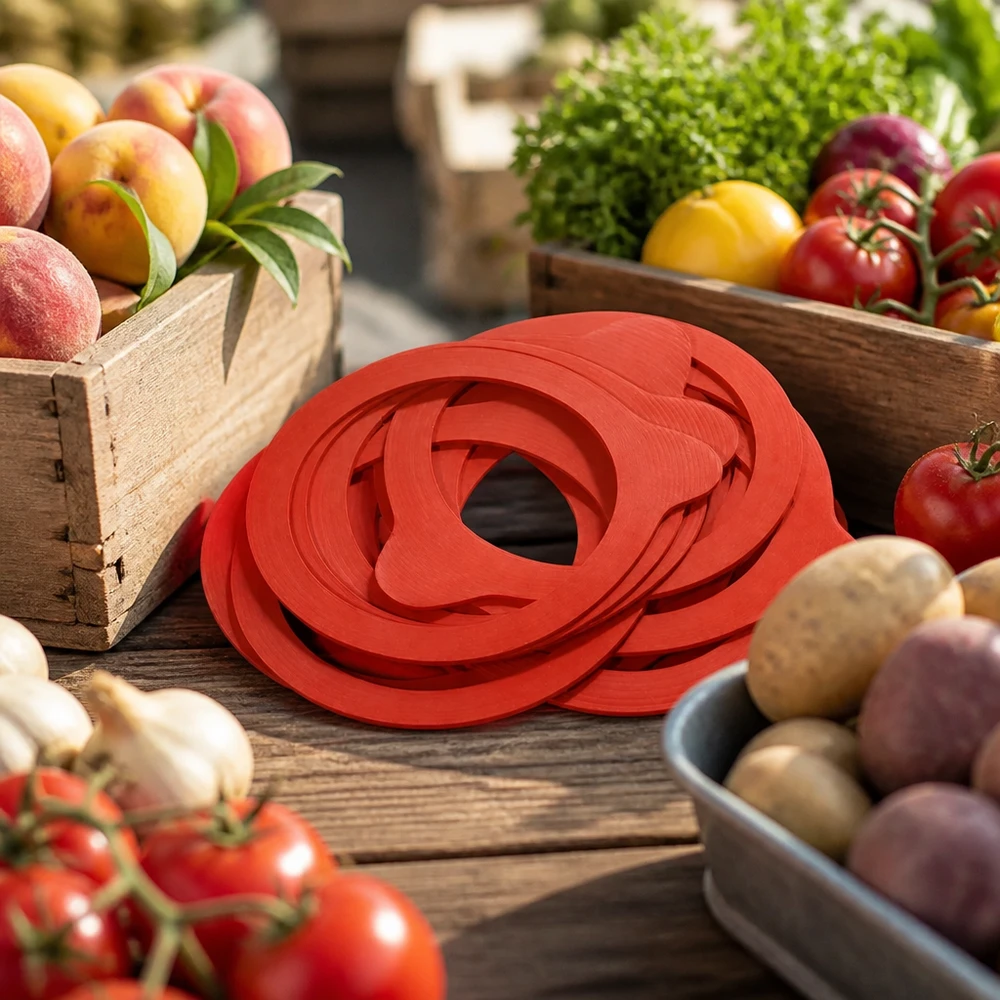 Pierścień uszczelniający z naturalnego kauczuku RR80 Einkochring RR80 Naturgummi rot auf rustikalem Holztisch mit frischem Obst Gemüse Marktstand Atmosphäre Einkochen