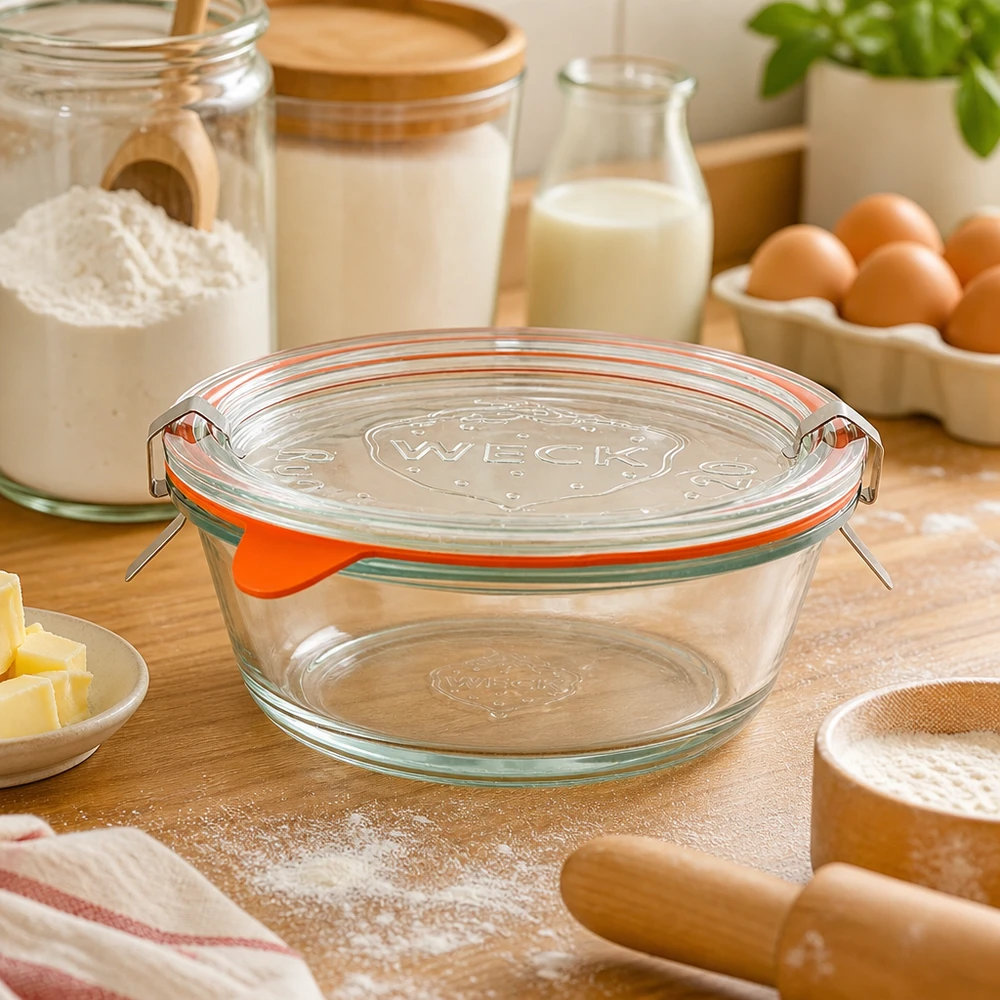 WECK gourmet słoik 300ml RR120 w kuchni do pieczenia ze składnikami do pieczenia, mąką, jajkami i mlekiem, wszechstronny słoik kuchenny