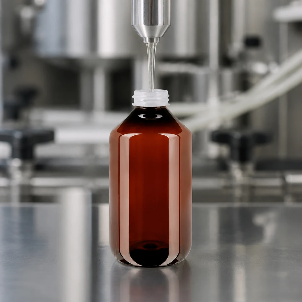 Rozlewanie syropu do brązowej butelki PET o pojemności 500 ml z żłobkowanym białym zamknięciem typu OV