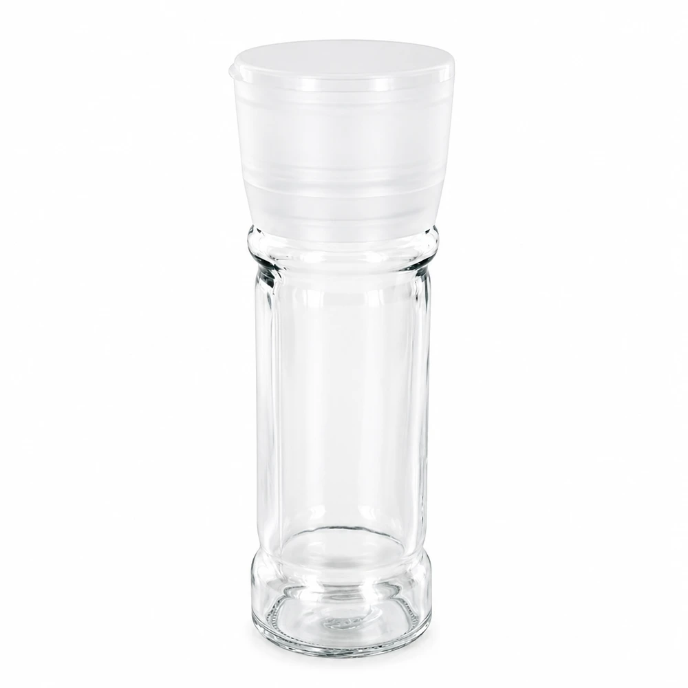 Słoik na sól/przyprawy 100 ml z młynkiem Vario, biały Pusty słoik na przyprawy o pojemności 100 ml z białym, plastikowym młynkiem z przezroczystego szkła, przeznaczony do soli i przypraw