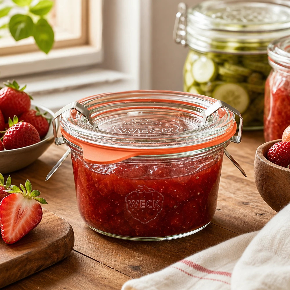 Kubki WECK 50ml RR60 w kuchni wypełnione domowym dżemem truskawkowym obok świeżych truskawek na drewnianej desce