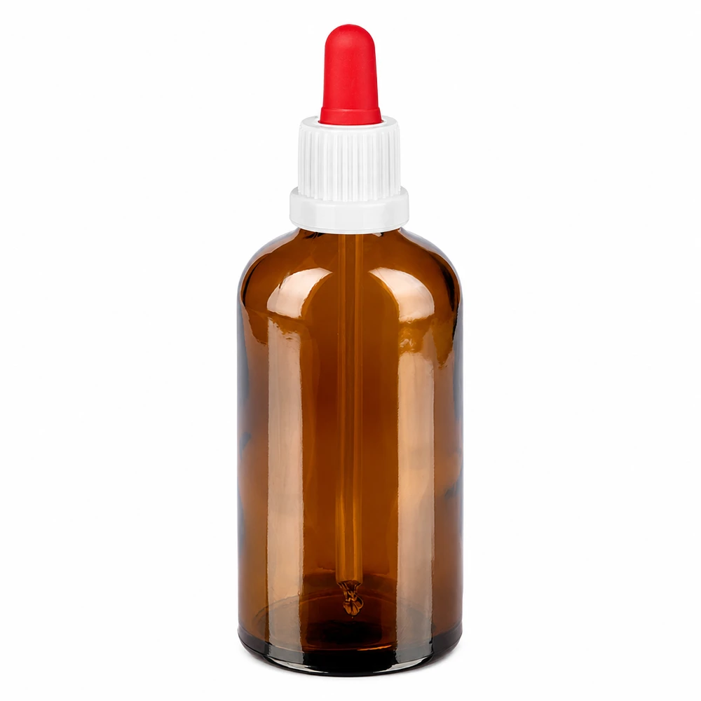 Butelka do leków płynnych 100 ml biała/czerwona OV BrownLine UT18/100 Butelka z pipetą 100 ml w kolorze brązowym z białą zakrętką i czerwoną pipetą do precyzyjnego dozowania
