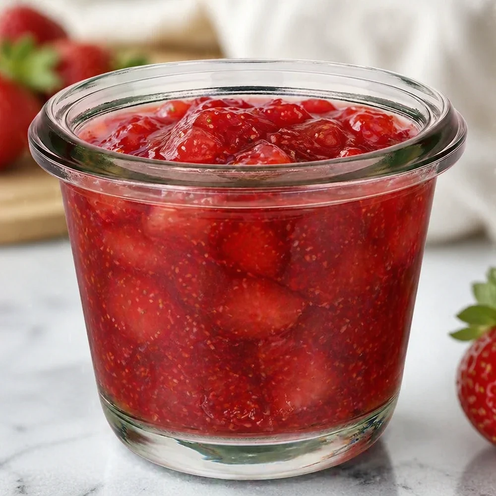 Słoik dla smakoszy 80 ml WECK RR60 Słoik WECK Gourmet RR60 80ml wypełniony dżemem z czerwonych truskawek pomiędzy świeżymi truskawkami na marmurowym blacie kuchennym