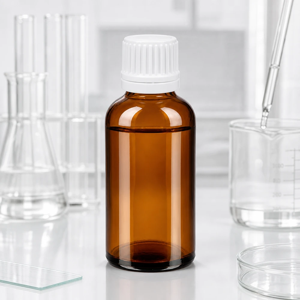 Butelka z kroplomierzem 50 ml 0,7 mm biały OV BrownLine UT18/50 Kompaktowa butelka z zakraplaczem o pojemności 50 ml wykonana z bursztynowego szkła z białą zakrętką do zastosowań laboratoryjnych i farmaceutycznych