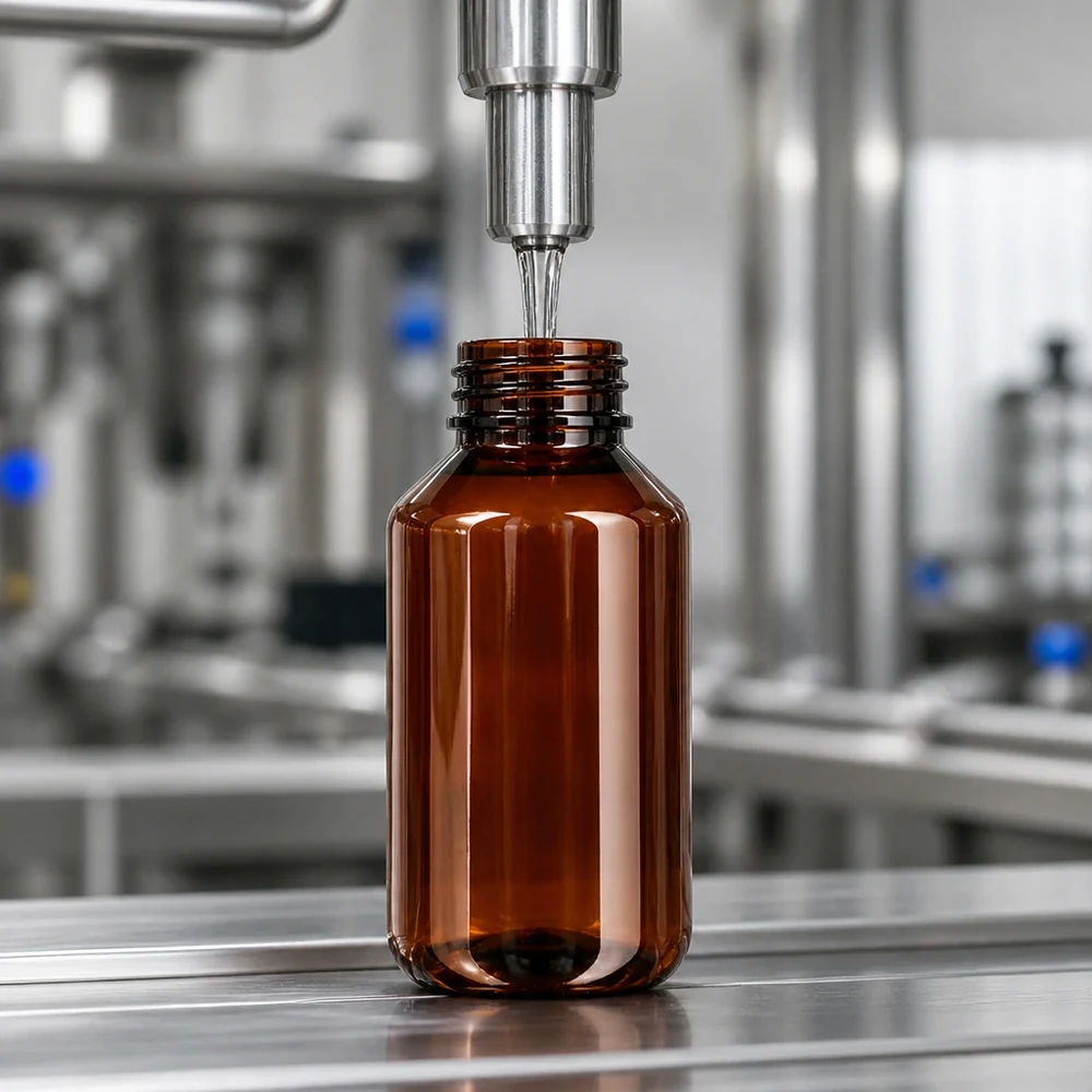 Butelka PET 100ml z niebieską nakrętką OV Brązowa butelka farmaceutyczna z PET o pojemności 100 ml z niebieską nakrętką OV na linii rozlewniczej